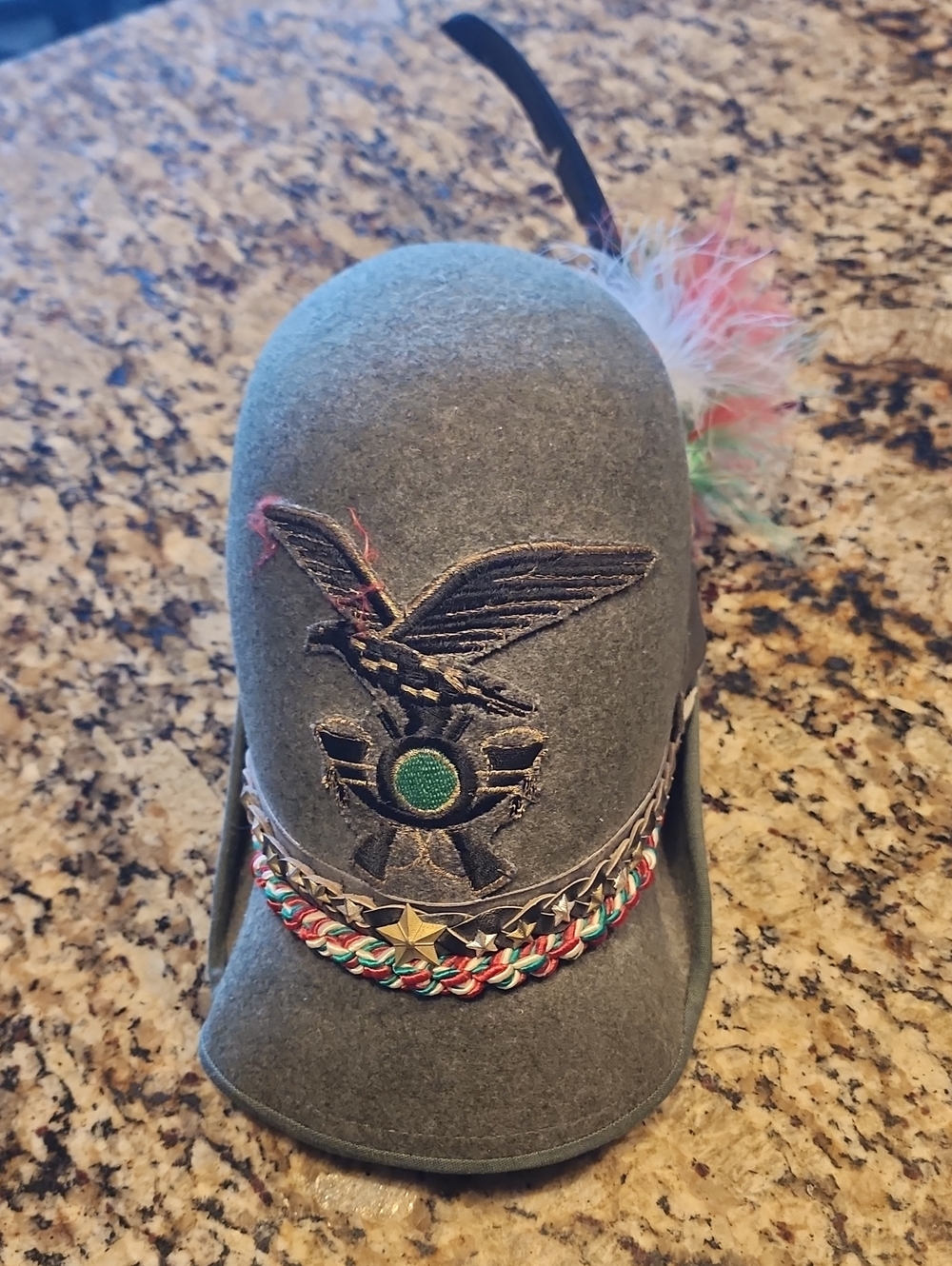 VINTAGE Italian MILITARY Green Felt Alpine Style Hat with Feather and Embroidery